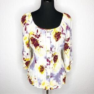 Fig and Flower cream yellow purple floral button down top size Petite Large NWT